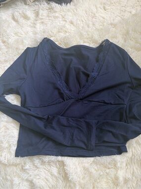 SHEIN Navy Lace-Trim V-Neck Long Sleeve Crop Top